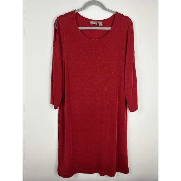 Chico's Travelers Size 2 XL Split Shoulder Dress Red Midi 3/4 Sleeves Button - Picture 1 of 7